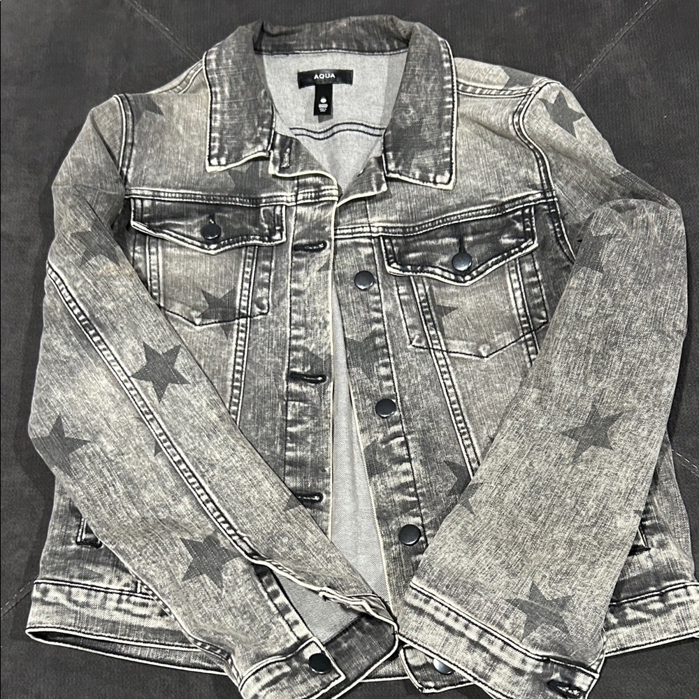 Aqua Gray Black Stars Denim Jean Jacket XS